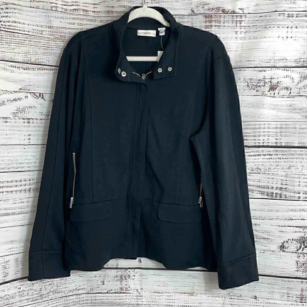 ‎Chico’s jacket womens large Ponte perfect Sport Solid Black zip up New